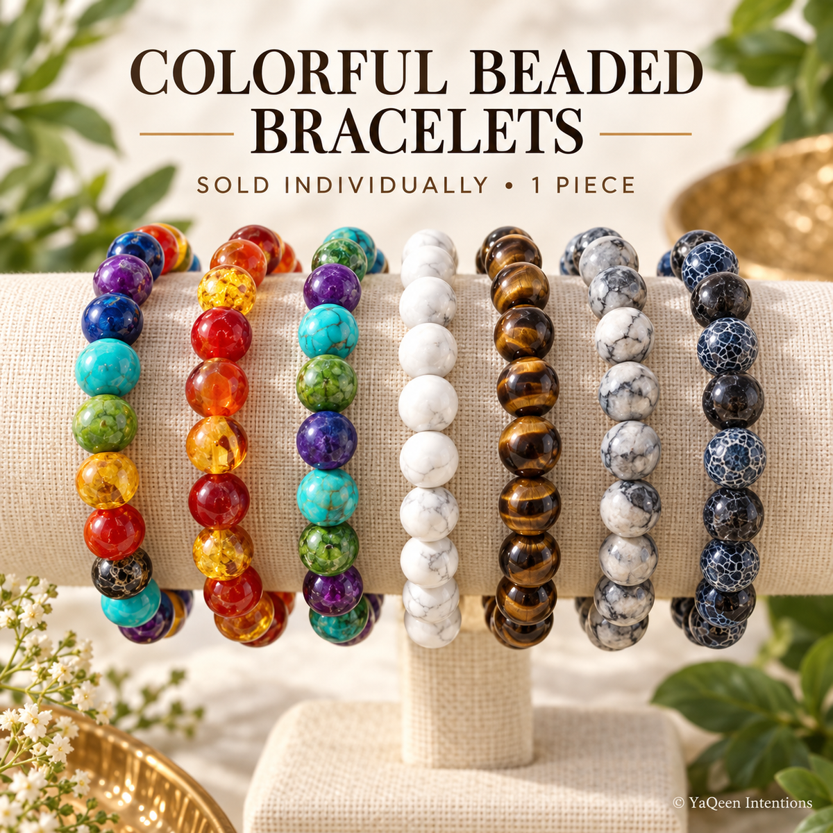 Colorful Beaded Stretch Bracelet - Blue, Gray, Brown, White, Black or Marble - Single Bracelet or 5-Piece Set