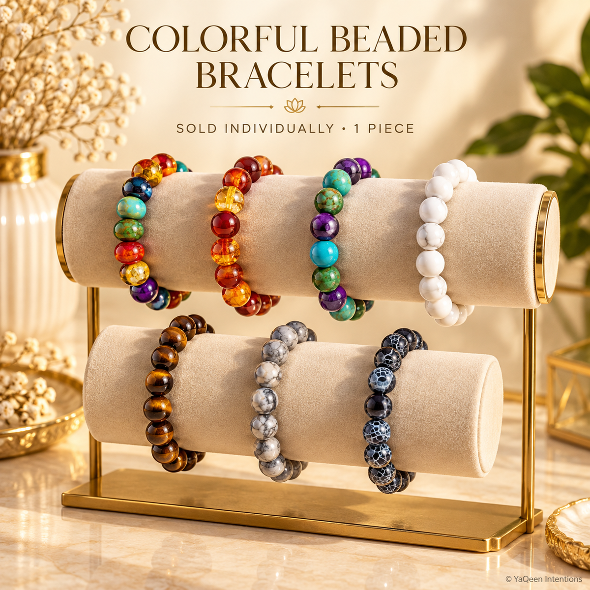 Colorful Beaded Stretch Bracelet - Blue, Gray, Brown, White, Black or Marble - Single Bracelet or 5-Piece Set