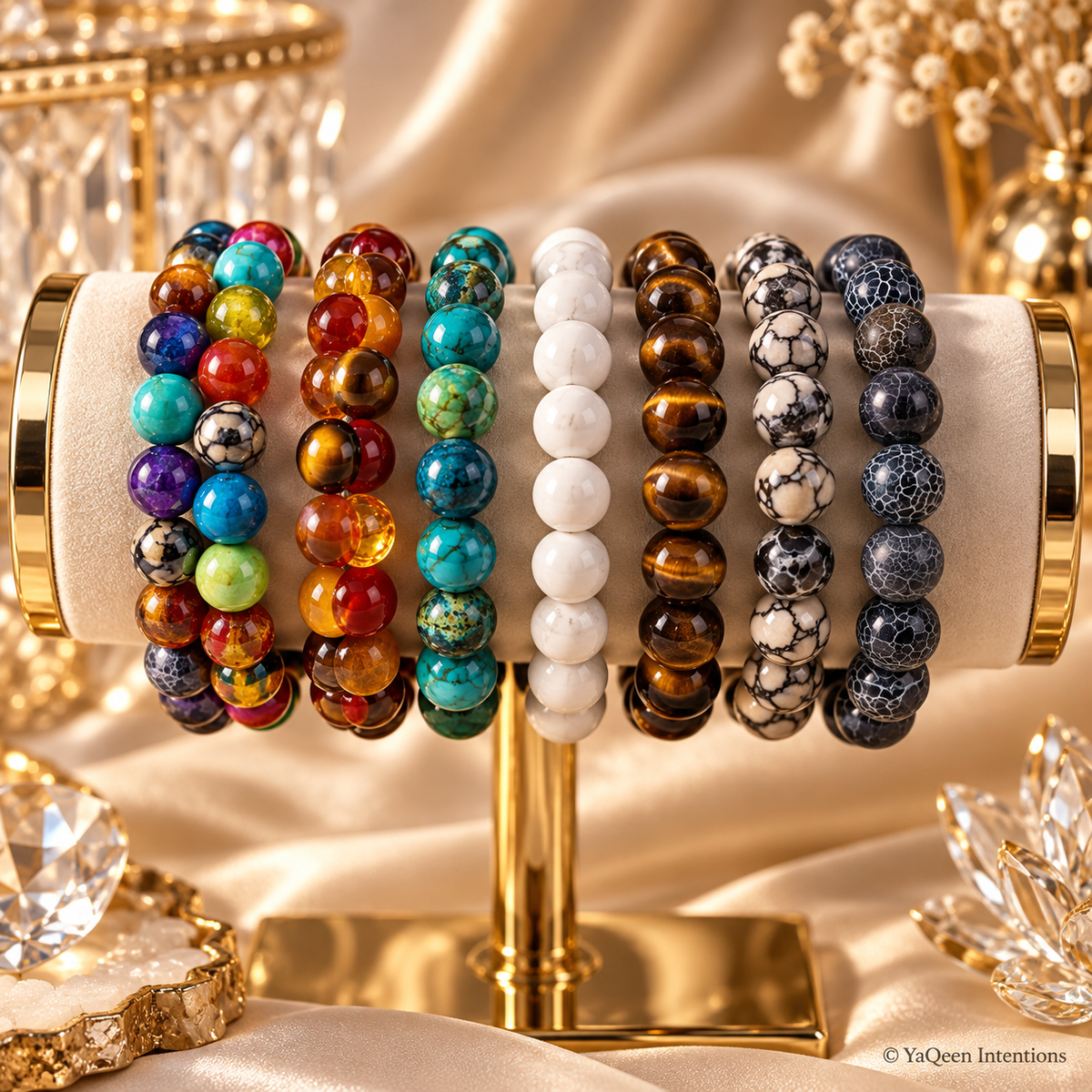 Colorful Beaded Stretch Bracelet - Blue, Gray, Brown, White, Black or Marble - Single Bracelet or 5-Piece Set